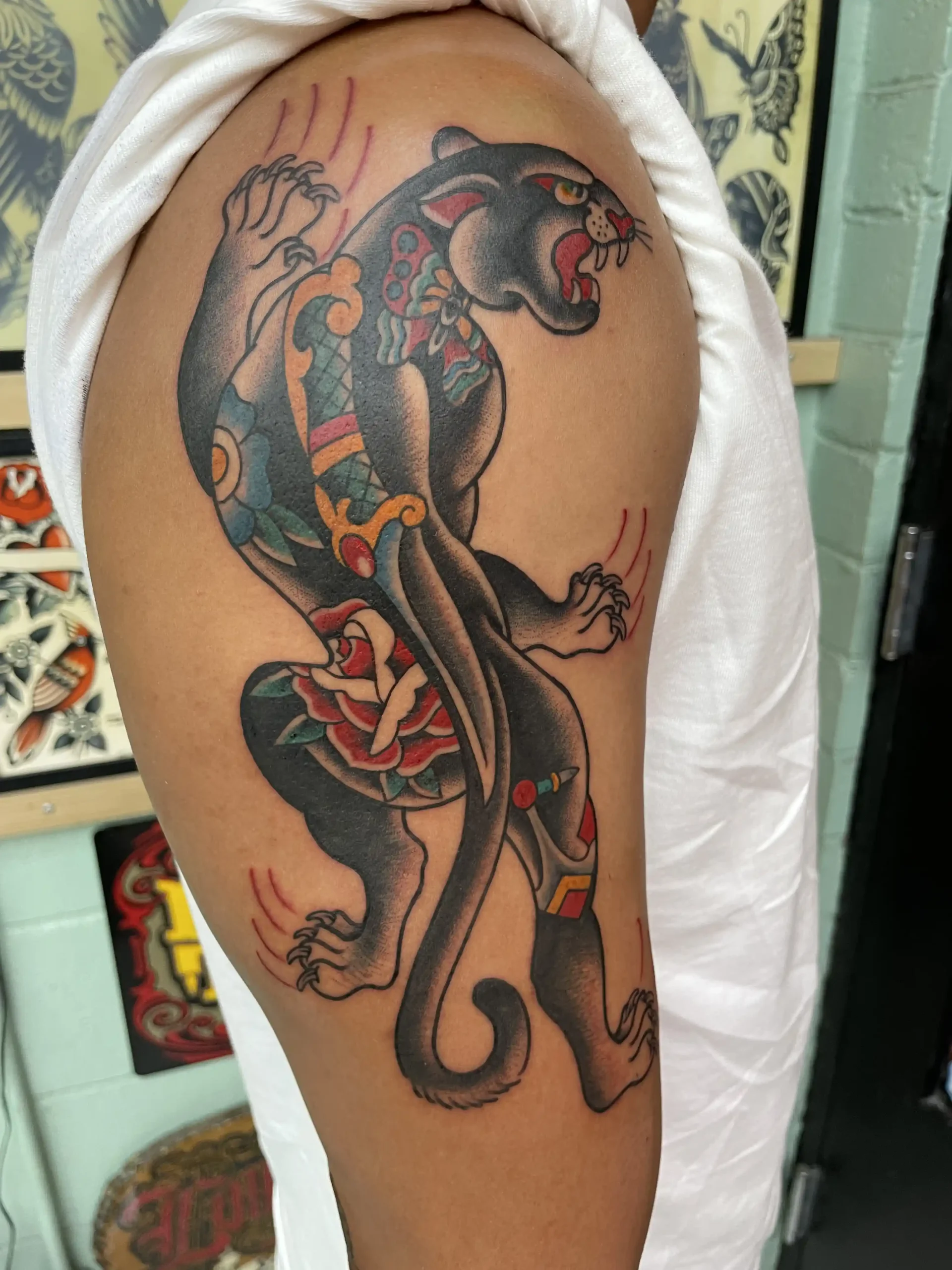 Traditional jaguar tattoo by Kawika