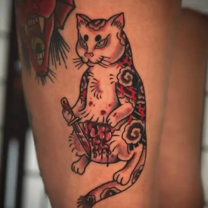 Japanese cat intestine tattoo by Damian