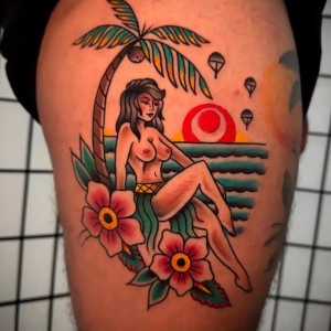 neo trad polynesian woman flowers tattoo