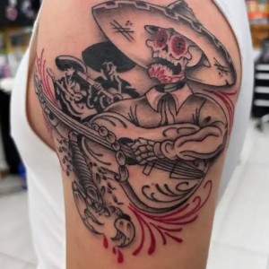Sugar skull mariachi tattoo by Myles